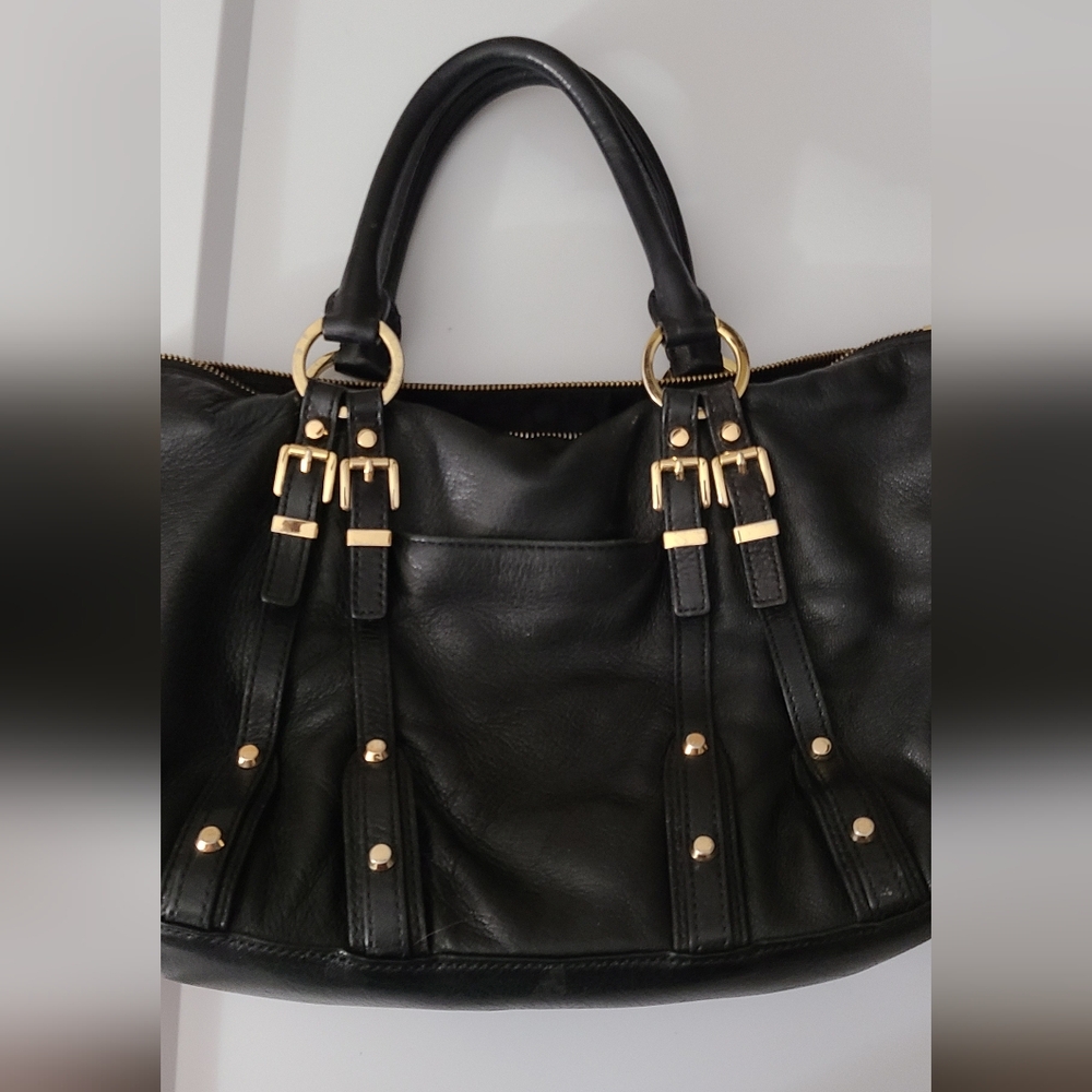 Michael Kors Black Leather Pebbled Purse Gold Hardware Studded Buckles Euc Clean - Picture 8 of 16